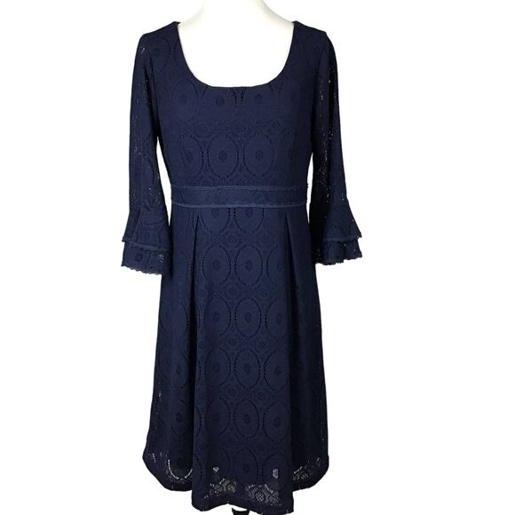 Rabbit Rabbit Rabbit Empire Waist Navy Blue Lace A Line Dress Bell Sleeve sz 10 - Picture 2 of 11
